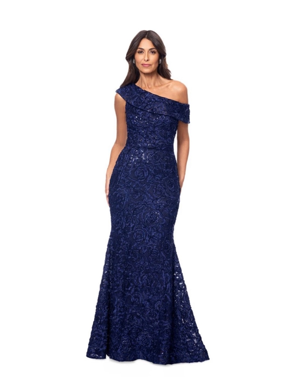 Xscape One-Shoulder Navy Lace Gown
